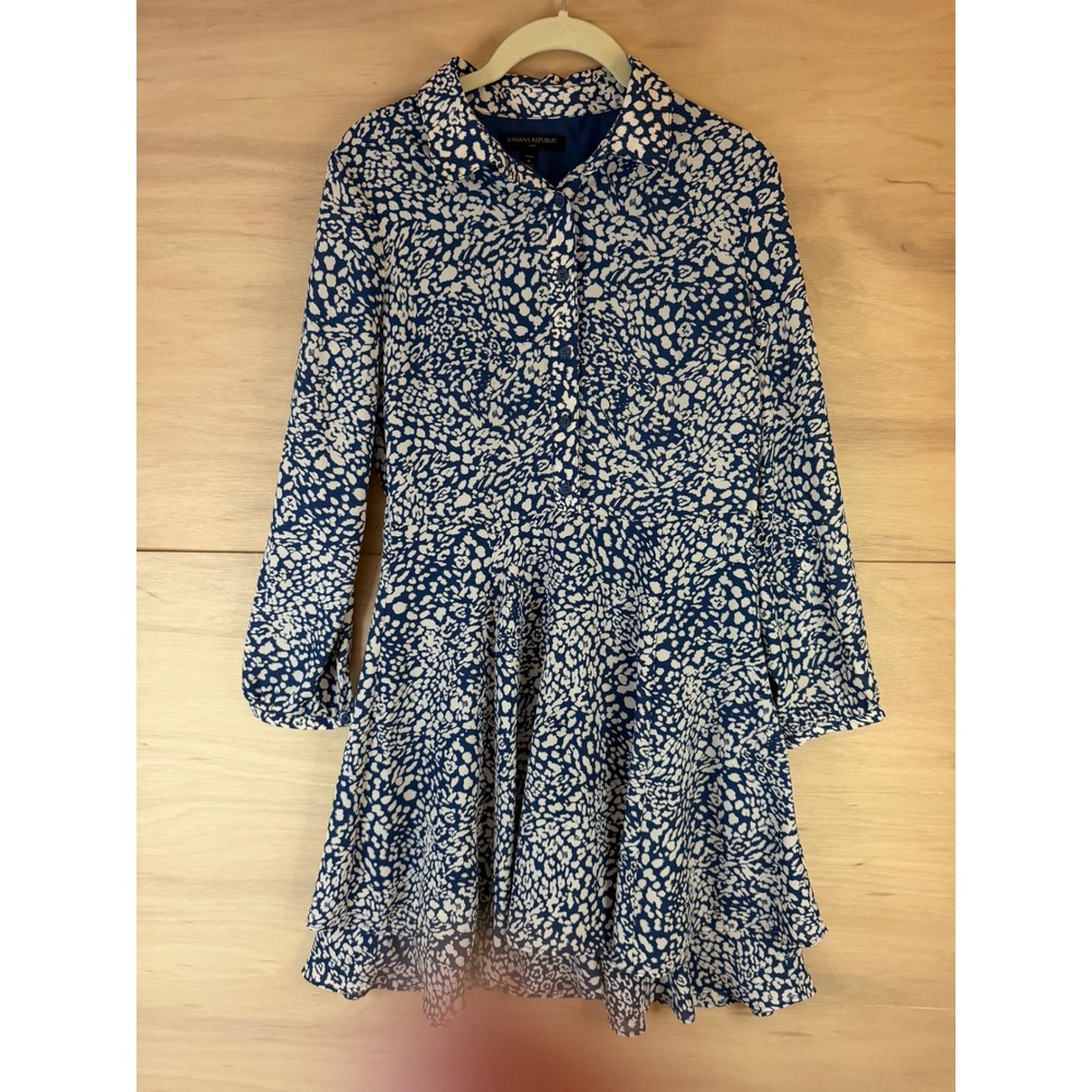 Banana Republic Womens Blue White Leopard Print Long Sleeve Shirt Dress 4P